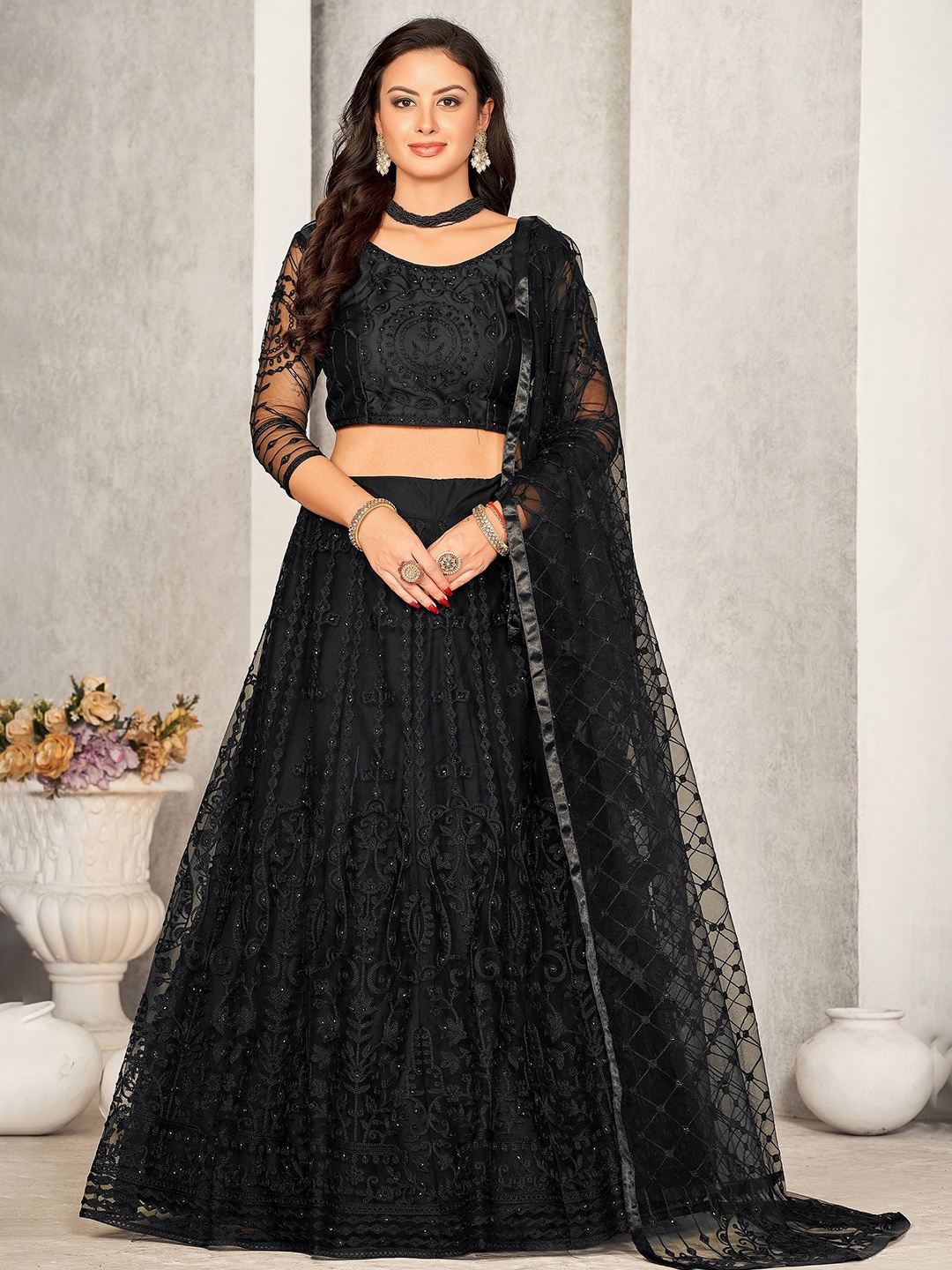 Warthy Ent Embroidered Net Semi-Stitched Lehenga & Unstitched Blouse With Dupatta, Black
Warthy Ent Embroidered Net Semi-Stitched Lehenga & Unstitched Blouse With Dupatta, Black