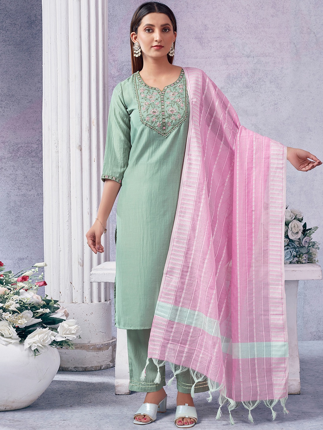 SKYLEE Green Floral Yoke Design Sequinned Straight Kurta & Trousers With Dupatta