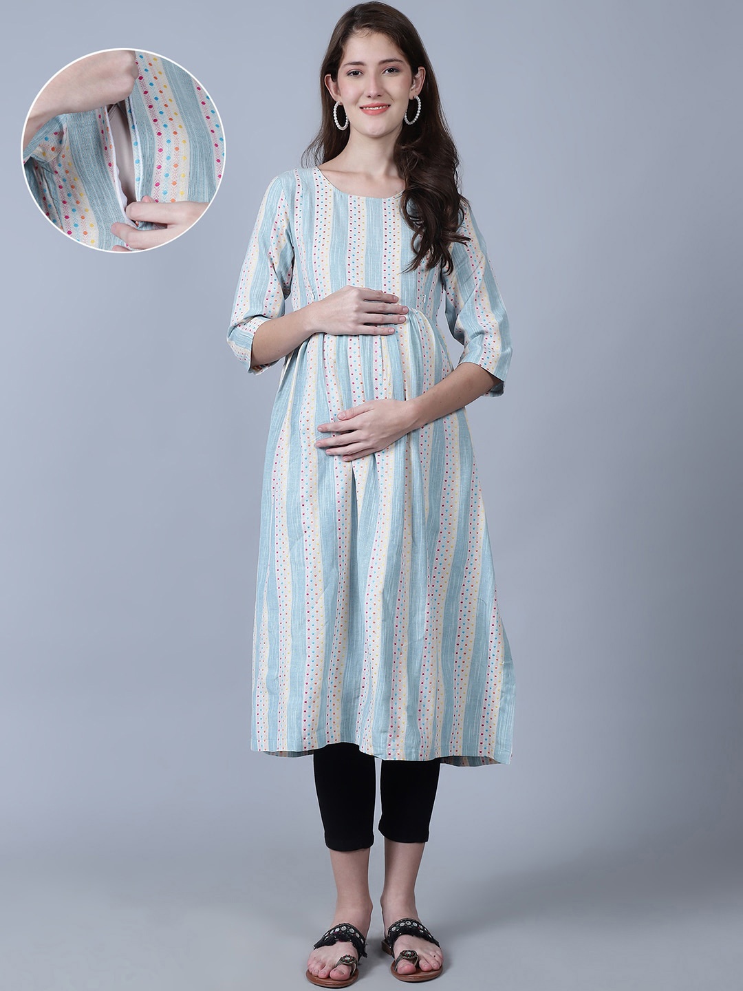 Moms Maternity Striped Three-Quarter Sleeves Cotton Printed Maternity Kurta, Turquoise blue
Moms Maternity Striped Three-Quarter Sleeves Cotton Printed Maternity Kurta, Turquoise blue