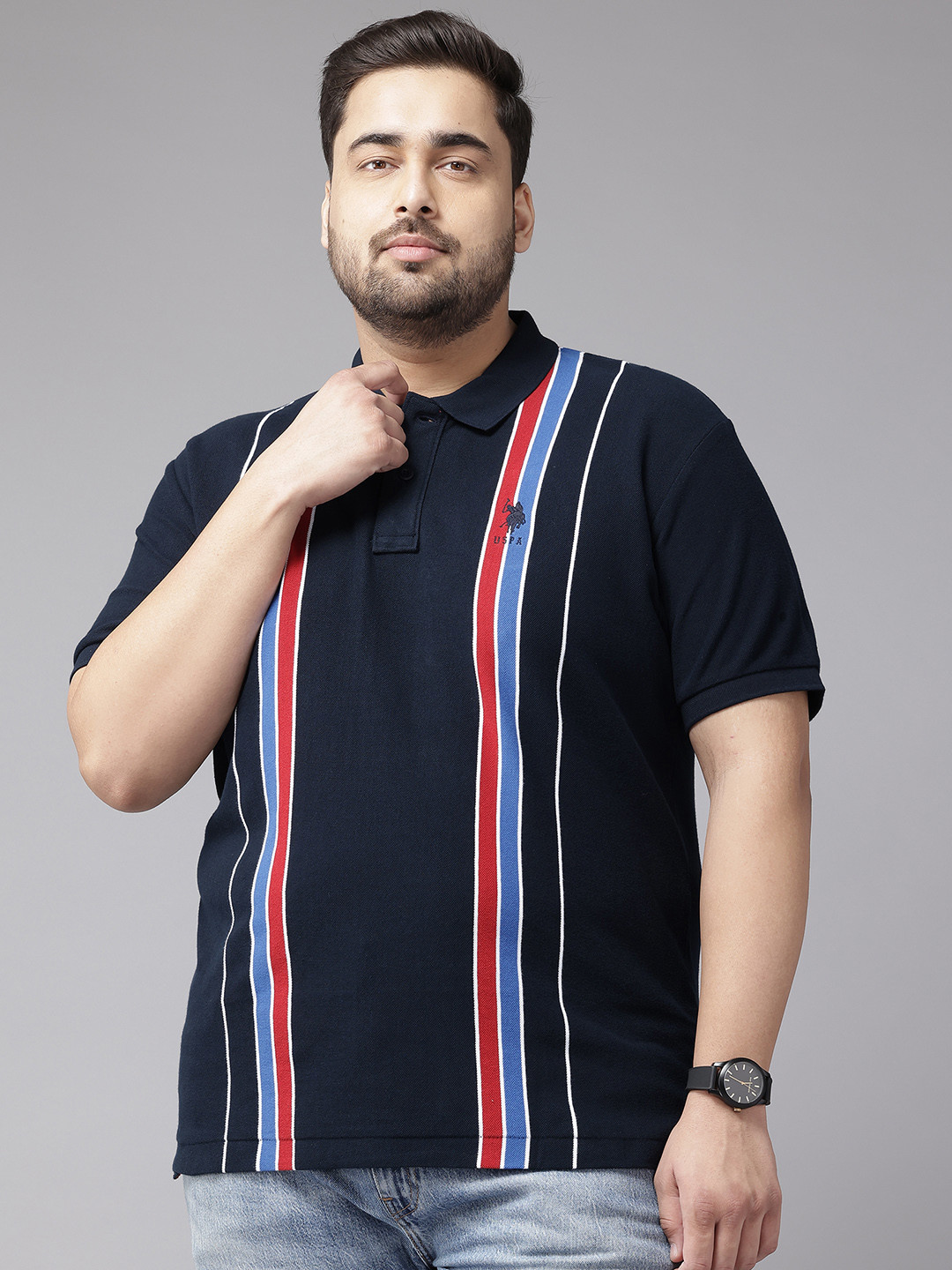 U.S. Polo Assn. Plus-Size Striped Polo Collar Pure Cotton Slim Fit T-shirt, Navy blue 
U.S. Polo Assn. Plus-Size Striped Polo Collar Pure Cotton Slim Fit T-shirt, Navy blue