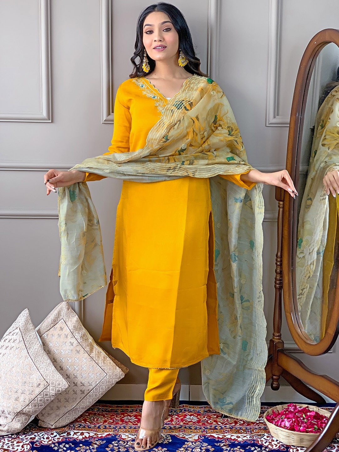 KALINI Floral Embroidered Thread Work Straight Kurta with Trousers & Dupatta, Yellow
KALINI Floral Embroidered Thread Work Straight Kurta with Trousers & Dupatta, Yellow