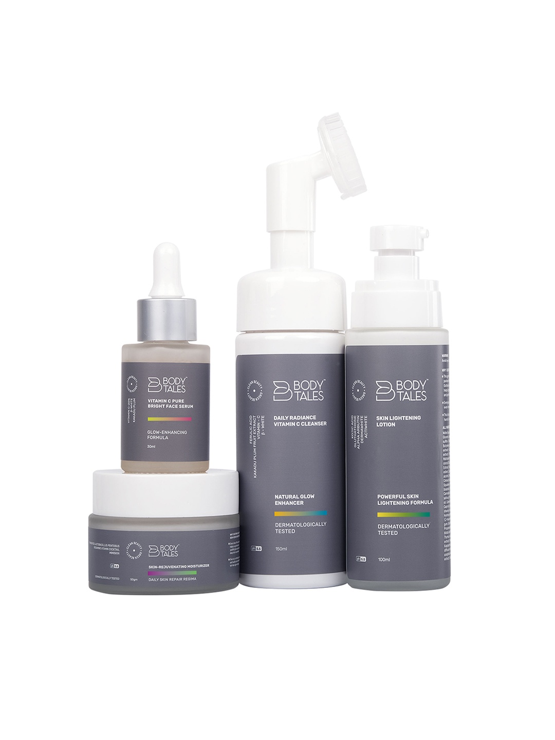 BODYTALES Skin Brightening Combo - Face Serum + Cleanser + Moisturizer + Skin Lotion, Grey
BODYTALES Skin Brightening Combo - Face Serum + Cleanser + Moisturizer + Skin Lotion, Grey