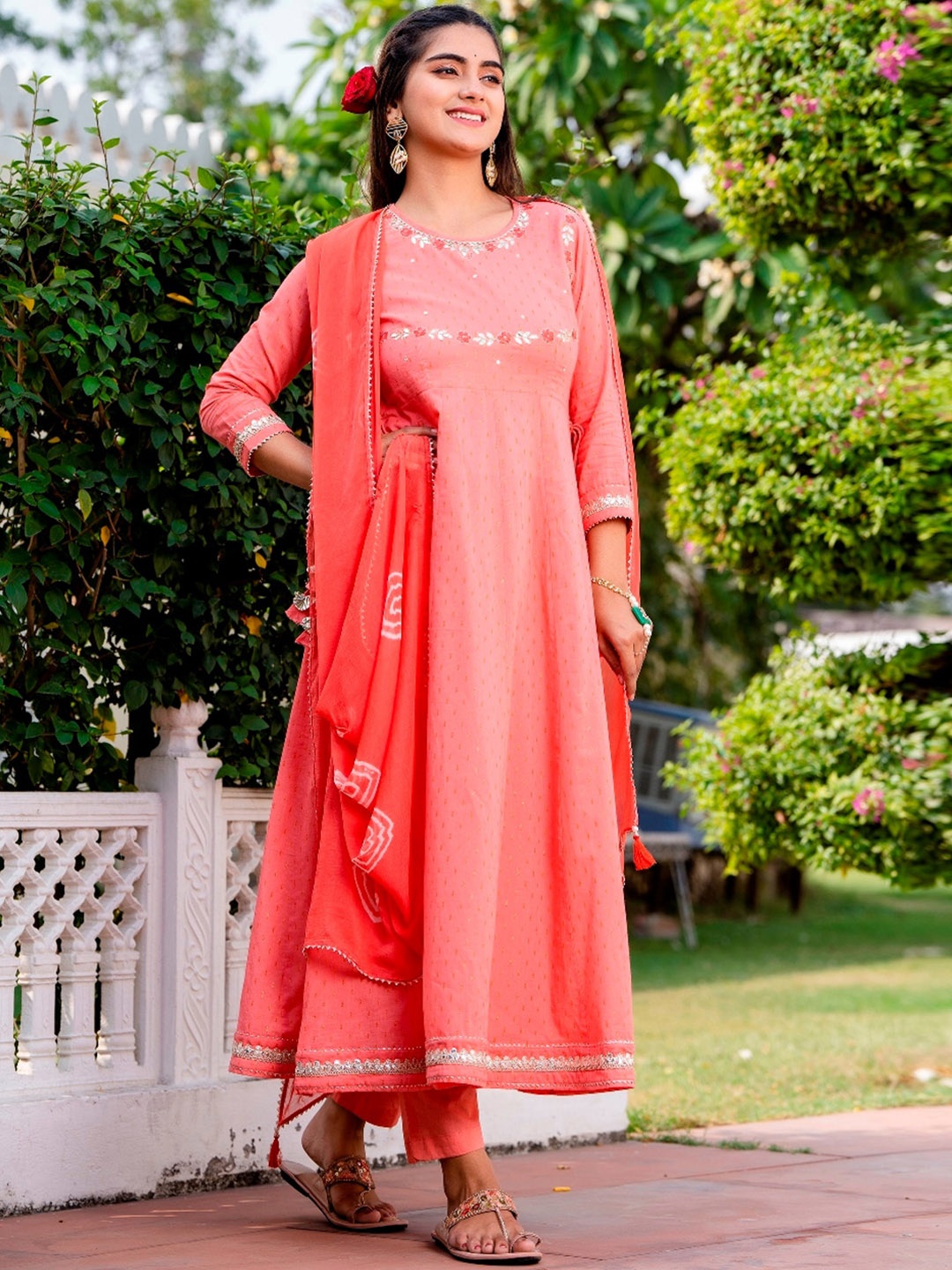 HERE&NOW Ethnic Motifs Embroidered Gotta Patti Anarkali Kurta With Trousers & Dupatta, Pink
HERE&NOW Ethnic Motifs Embroidered Gotta Patti Anarkali Kurta With Trousers & Dupatta, Pink