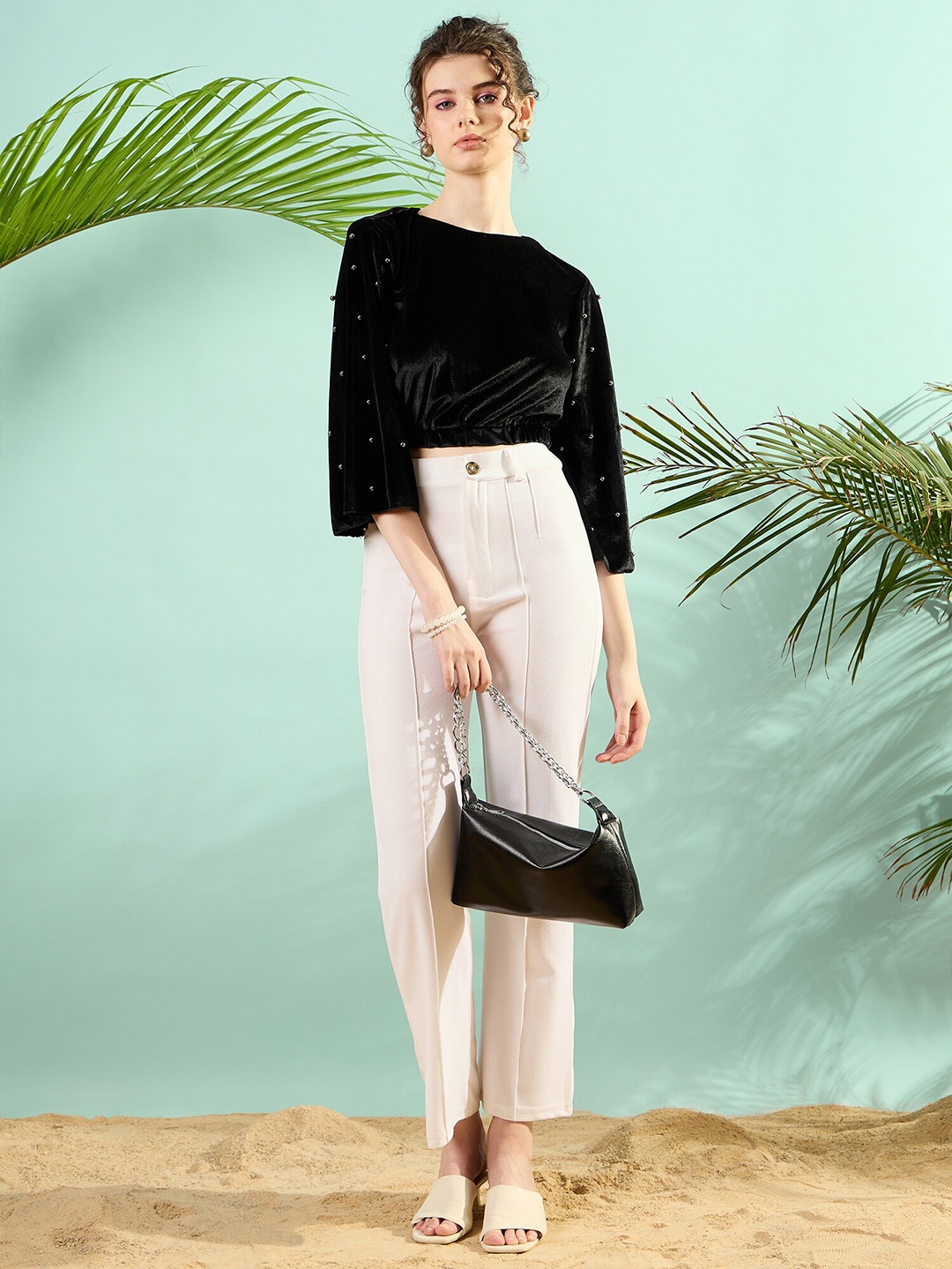 KASSUALLY Studded Velvet Top, Black