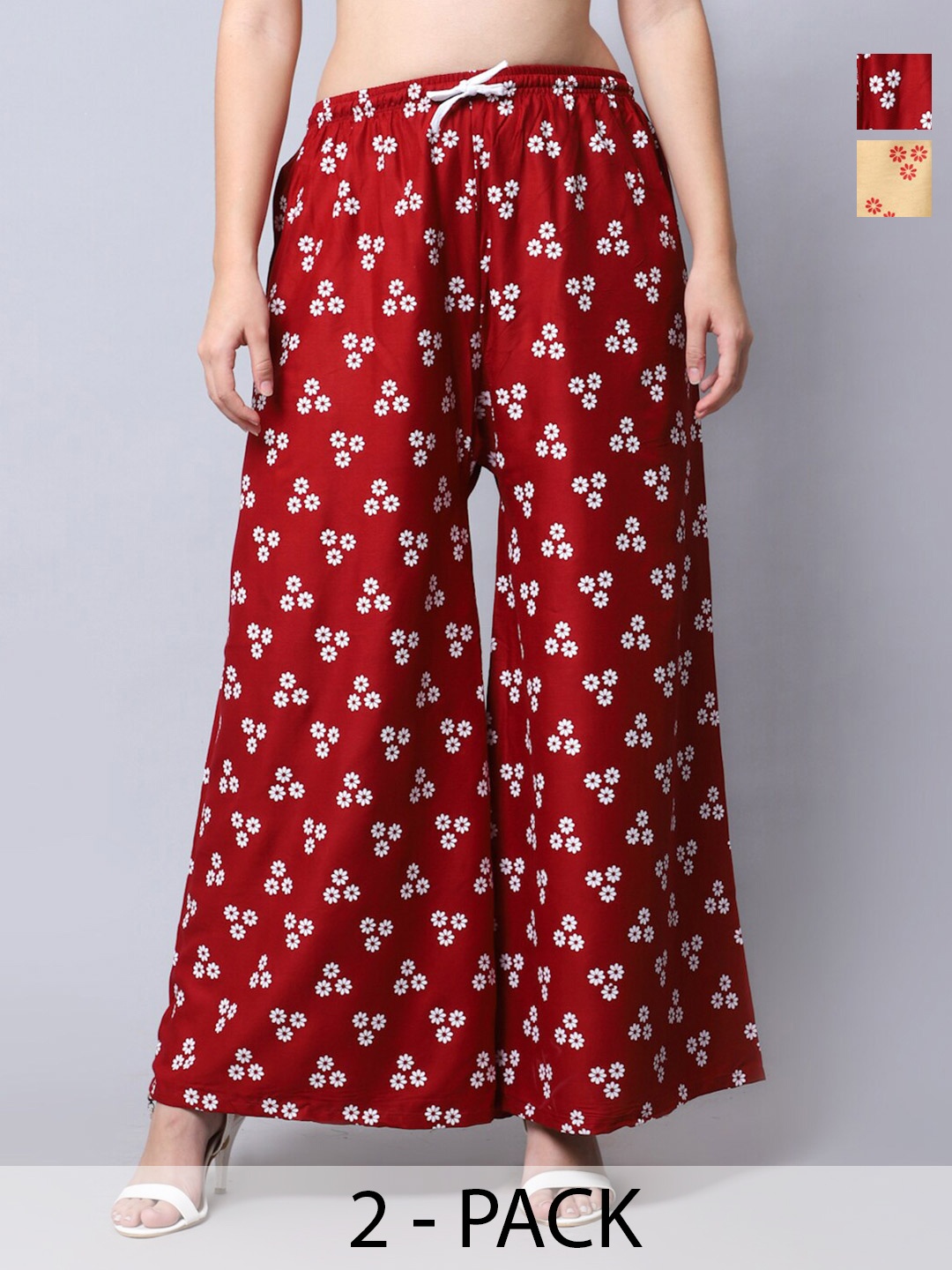 Jinfo Pack Of 2 Floral Printed Flared Palazzos, Beige