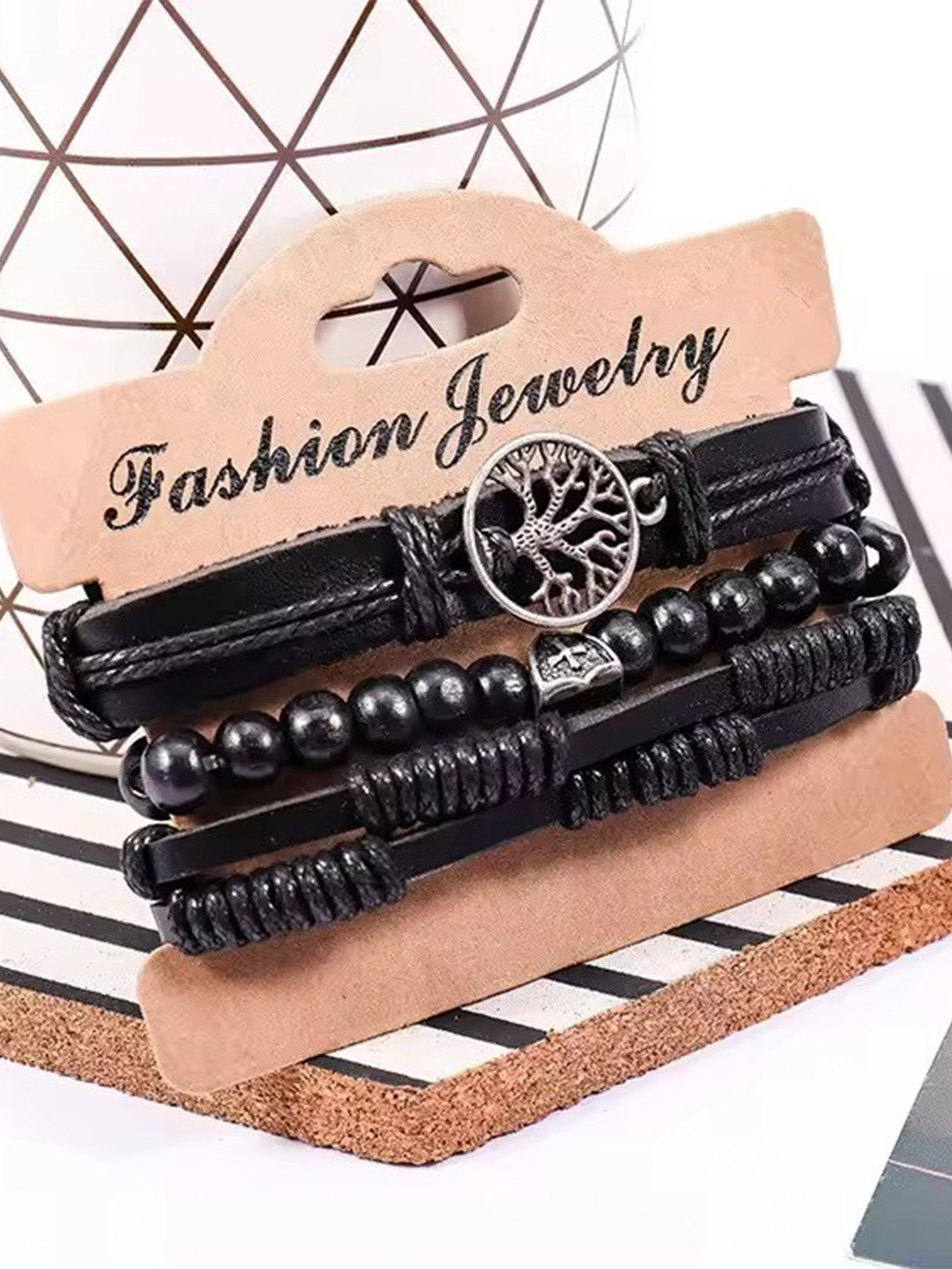 MEENAZ Men Set Of 3 Silver-Plated Leather Wraparound Bracelet, Black 
MEENAZ Men Set Of 3 Silver-Plated Leather Wraparound Bracelet, Black