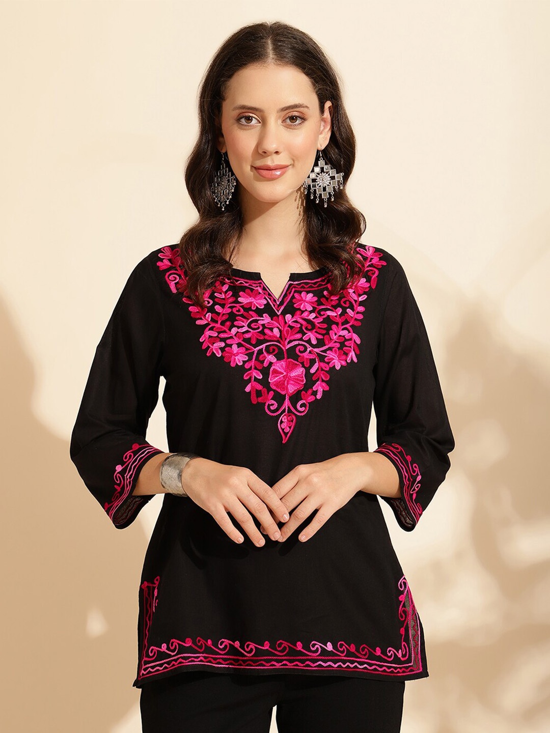 QUEENLEY Floral Embroidered Round Neck Three-Quarter Sleeves Pure Cotton Kurti, Black
QUEENLEY Floral Embroidered Round Neck Three-Quarter Sleeves Pure Cotton Kurti, Black