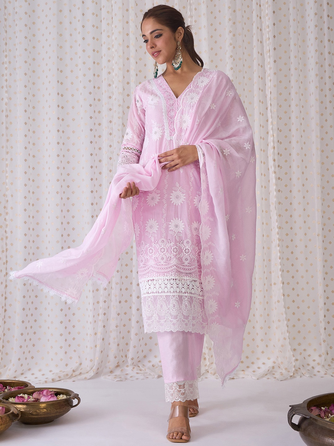 Indo Era Floral Embroidered V-Neck Pure Cotton Kurta with Trousers & Dupatta, Lavender
Indo Era Floral Embroidered V-Neck Pure Cotton Kurta with Trousers & Dupatta, Lavender