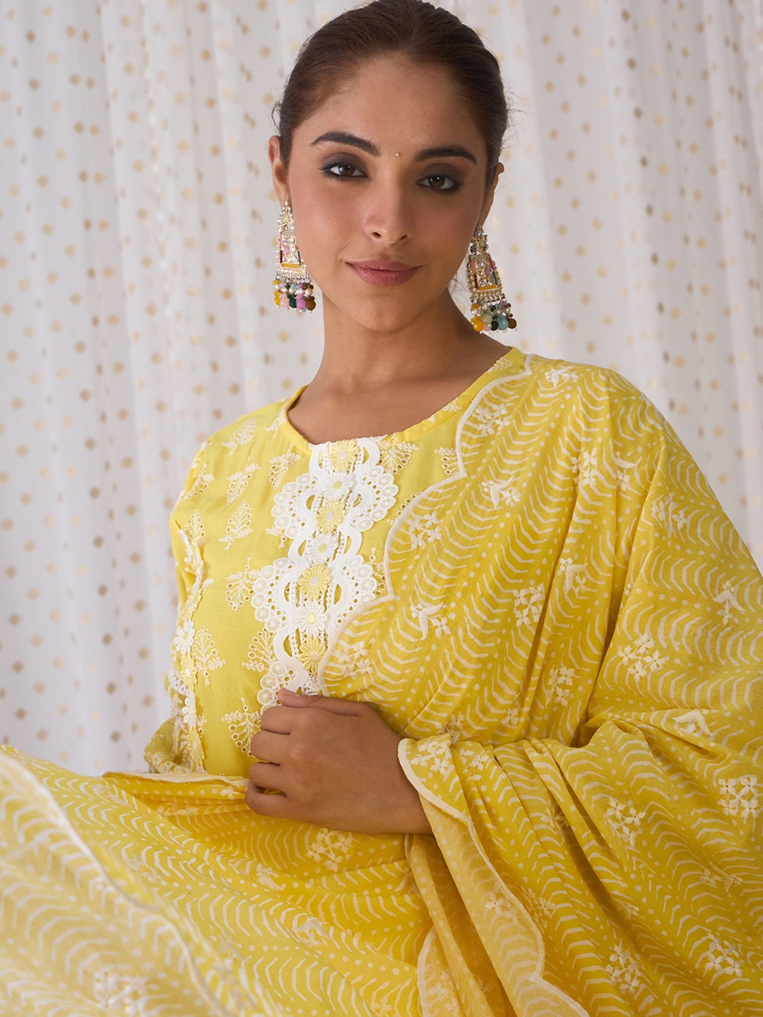 Indo Era Floral Embroidered Round Neck Pure Cotton Straight Kurta with Trousers &Dupatta, Mustard
Indo Era Floral Embroidered Round Neck Pure Cotton Straight Kurta with Trousers &Dupatta, Mustard