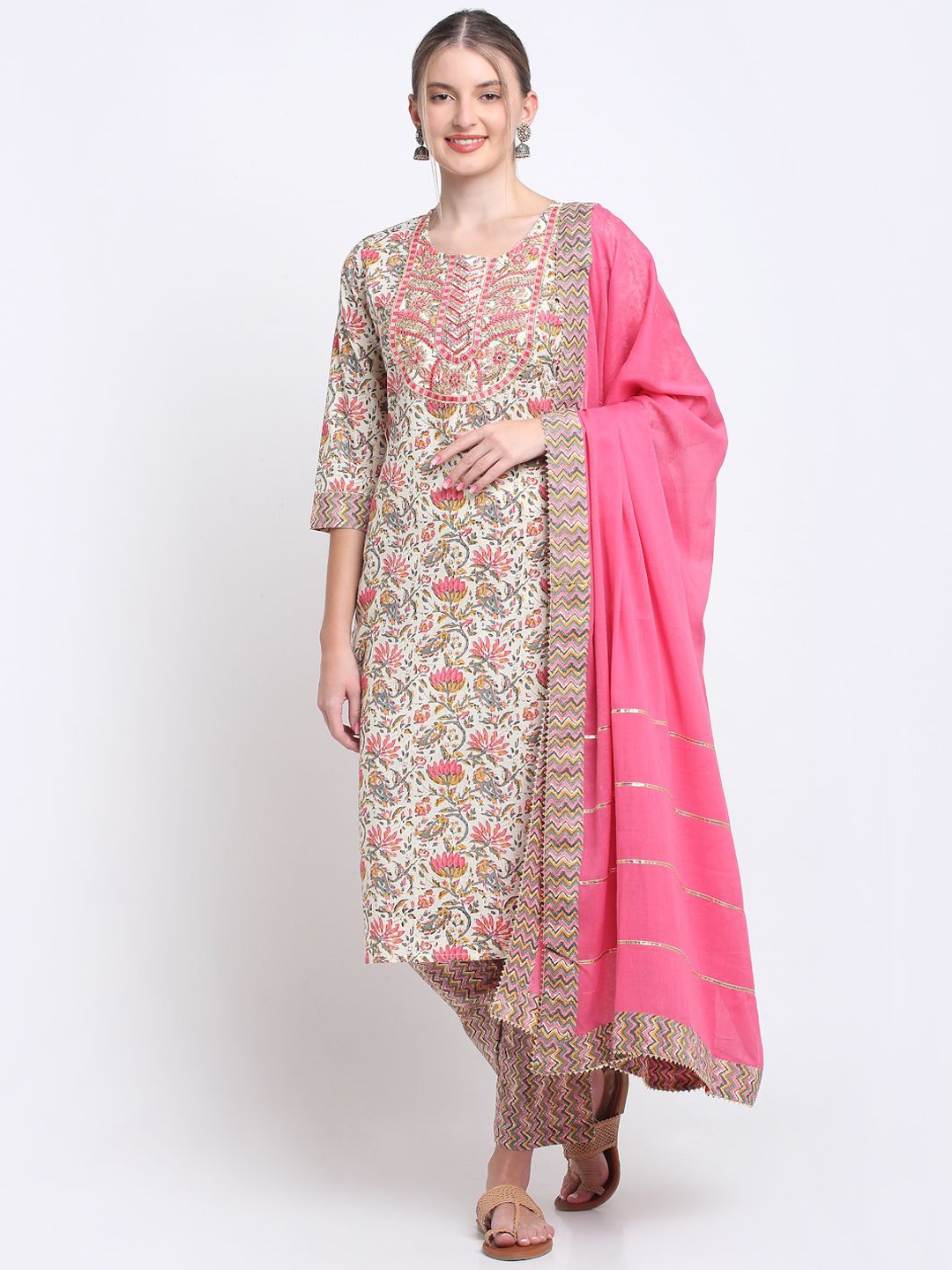 KALINI Floral Printed Regular Mirror Work Pure Cotton Kurta With Trousers & Dupatta, Beige
KALINI Floral Printed Regular Mirror Work Pure Cotton Kurta With Trousers & Dupatta, Beige