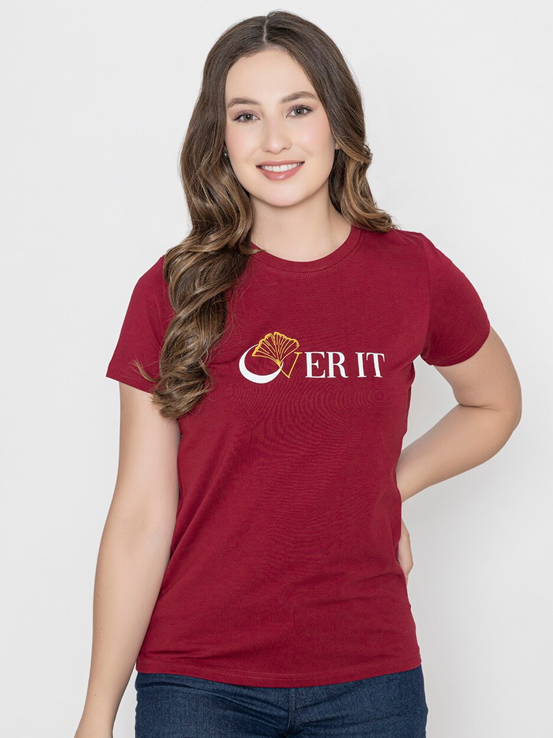 Bonjour Typography Printed Round Neck Short Sleeves Regular Fit Cotton T-shirt, Red