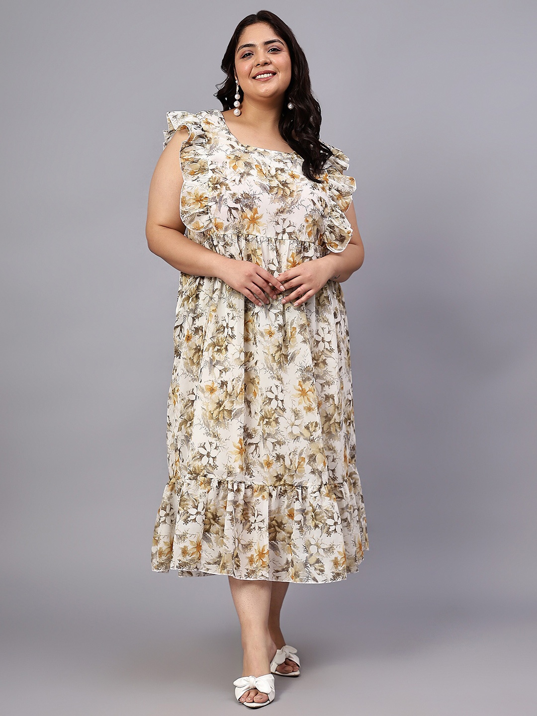 Indietoga Plus Size Floral Print Ruffled Flutter Sleeves Georgette Empire Midi Dress, Yellow
Indietoga Plus Size Floral Print Ruffled Flutter Sleeves Georgette Empire Midi Dress, Yellow