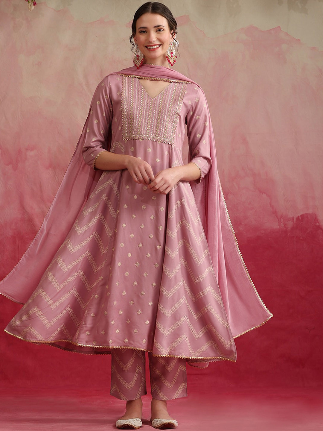 Khushal K V Neck Chevron Embroidered Gotta Patti Anarkali Kurta with Palazzo & Dupatta, Pink
Khushal K V Neck Chevron Embroidered Gotta Patti Anarkali Kurta with Palazzo & Dupatta, Pink