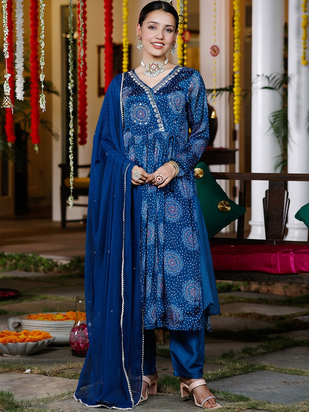 ROOHANIYAT Ethnic Motifs Printed Mirror Work Cotton Angrakha Kurta With Pyjamas & Dupatta, Blue
ROOHANIYAT Ethnic Motifs Printed Mirror Work Cotton Angrakha Kurta With Pyjamas & Dupatta, Blue