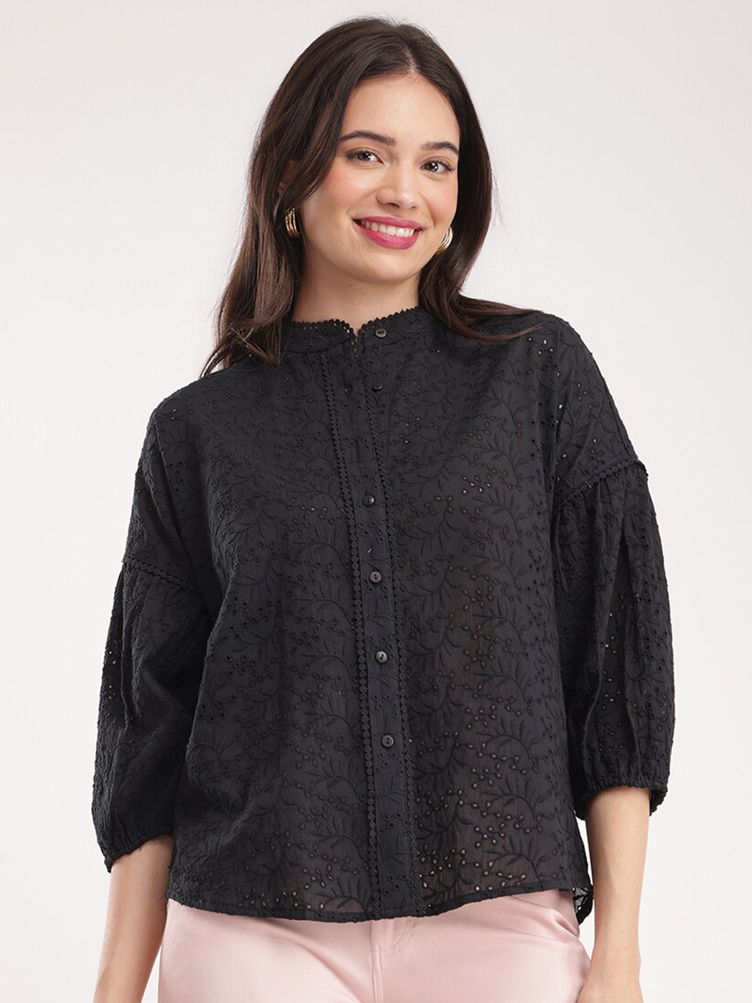 FableStreet Embroidered Comfort Fit Puff Sleeves Lace Detail Schiffli Shirt Style Top, Black
FableStreet Embroidered Comfort Fit Puff Sleeves Lace Detail Schiffli Shirt Style Top, Black