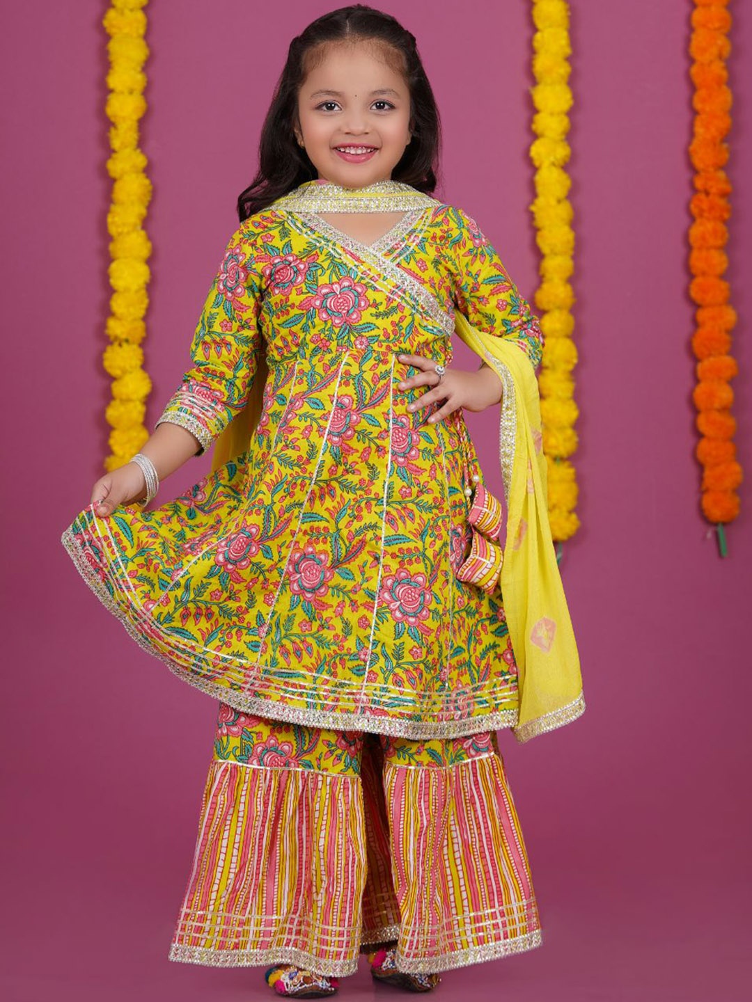 Stuffie Land Girls Floral Printed Cotton Angrakha Anarkali Kurta & Sharara With Dupatta, Yellow
Stuffie Land Girls Floral Printed Cotton Angrakha Anarkali Kurta & Sharara With Dupatta, Yellow