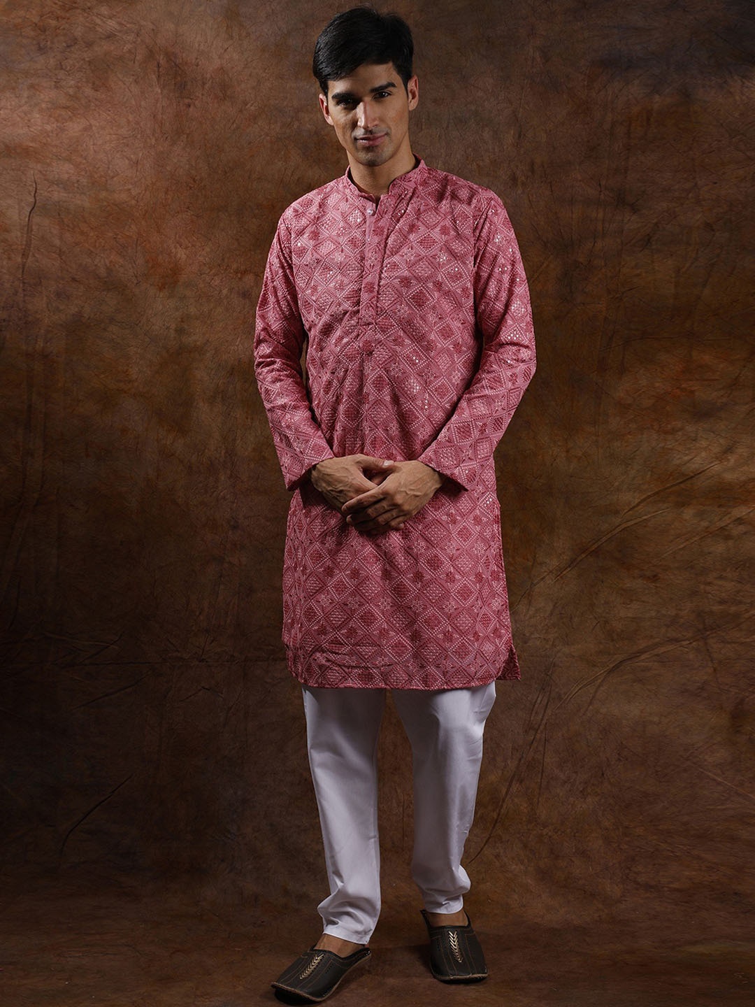 Exotic India Brandied Apricot Lakhnavi Chikan Kurta Pajama with Metallic-Thread Embroidery, Red
Exotic India Brandied Apricot Lakhnavi Chikan Kurta Pajama with Metallic-Thread Embroidery, Red