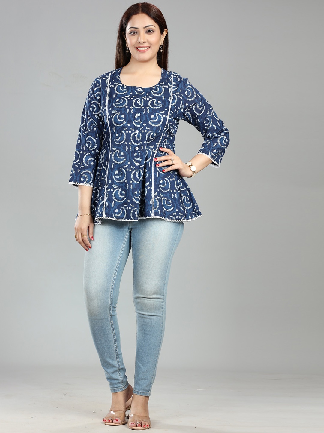 COTTON CULTURE Ethnic Motifs Printed Lace Inserts A-Line Cotton Short Kurta, Navy blue
COTTON CULTURE Ethnic Motifs Printed Lace Inserts A-Line Cotton Short Kurta, Navy blue