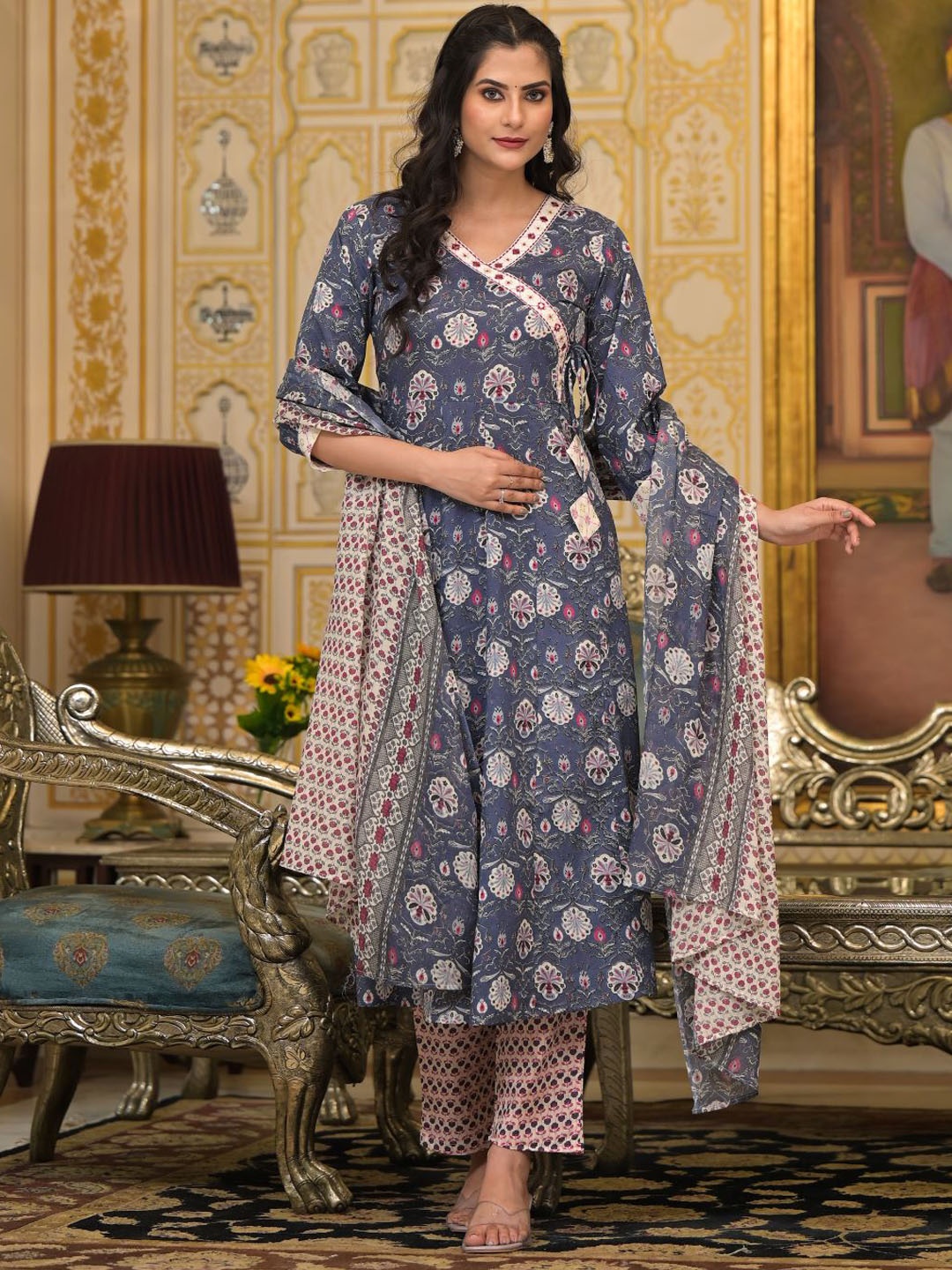 VASVI Floral Printed Angrakha Mirror Work Pure Cotton Kurta with Harem Pant & Dupatta, Grey
VASVI Floral Printed Angrakha Mirror Work Pure Cotton Kurta with Harem Pant & Dupatta, Grey