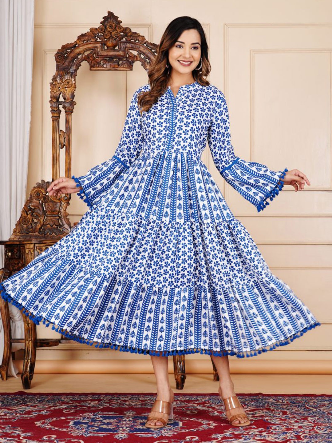 Aimca Ethnic Motifs Print Mandarin Collar Bell Sleeves Tiered Fit and Flare Maxi Dress, Blue
Aimca Ethnic Motifs Print Mandarin Collar Bell Sleeves Tiered Fit and Flare Maxi Dress, Blue