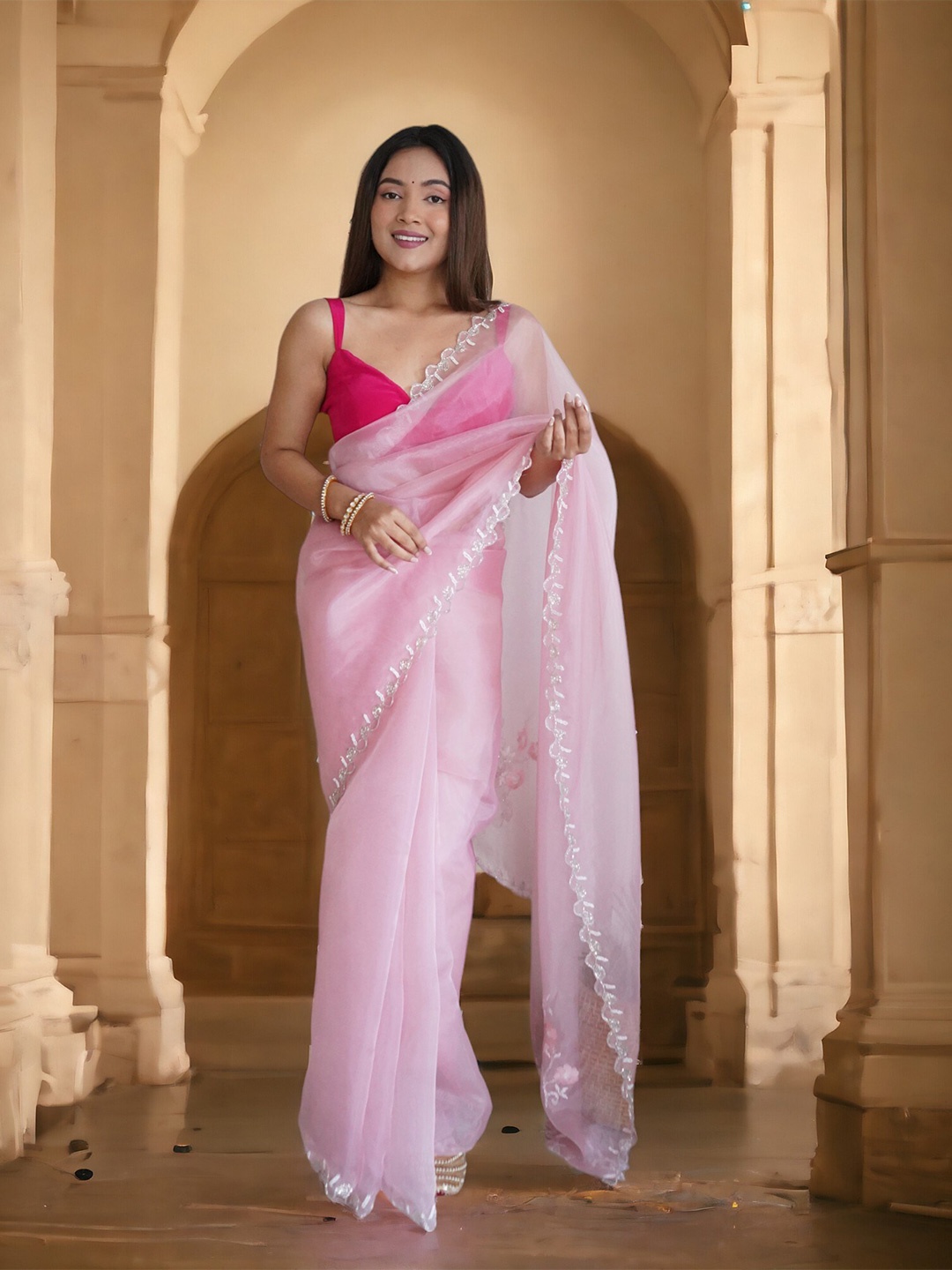 Vastrasky Global Embroidered Organza Saree, Pink