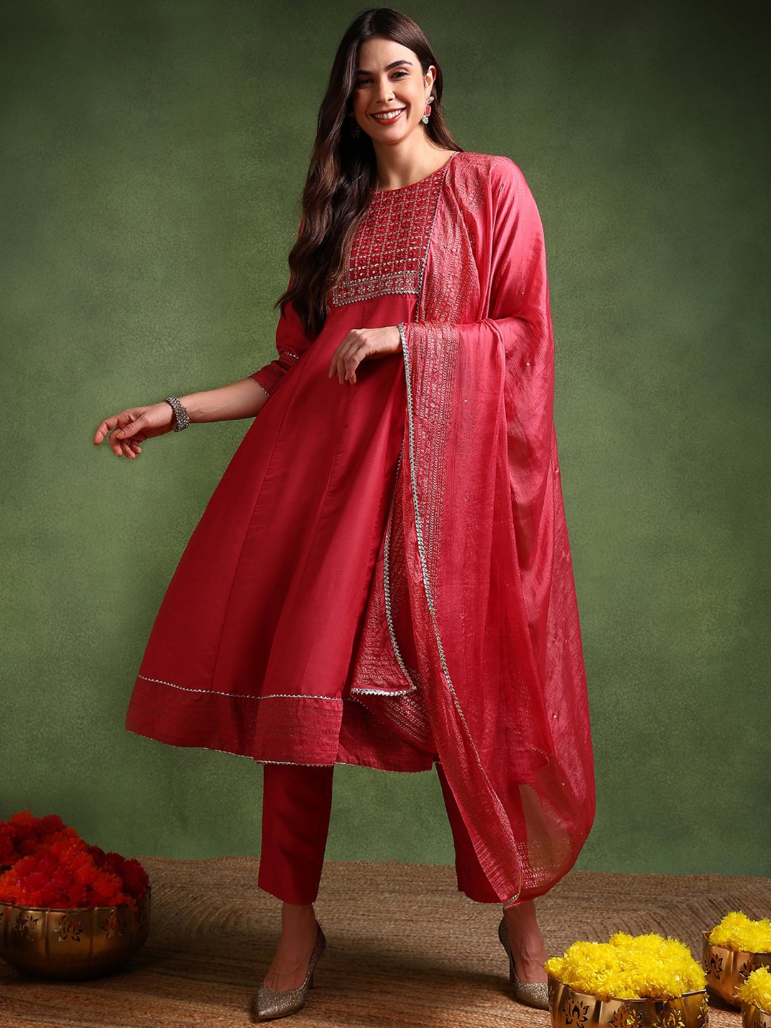 AHIKA Rose Embroidered Yoke Design Mirror Work Anarkali Kurta With Trousers & Dupatta
AHIKA Rose Embroidered Yoke Design Mirror Work Anarkali Kurta With Trousers & Dupatta