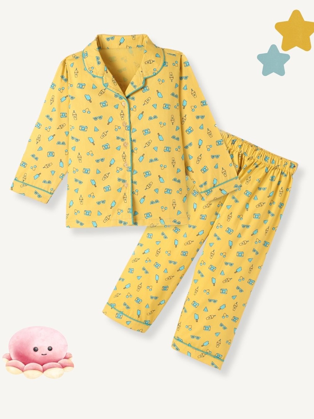 FUNKRAFTS Kids Conversational Printed Lapel Collar Long Sleeves Pure Cotton Night suit, Yellow
FUNKRAFTS Kids Conversational Printed Lapel Collar Long Sleeves Pure Cotton Night suit, Yellow