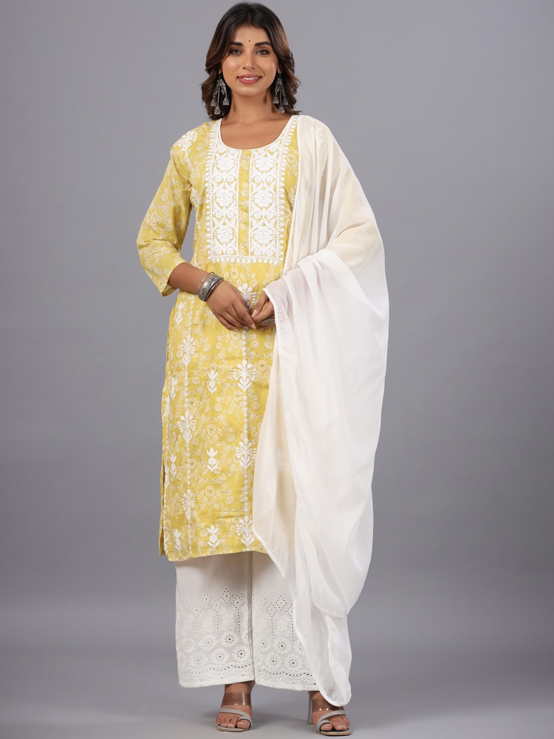 Amchoor Ethnic Motifs Embroidered Pure Cotton Thread Work Kurta With Palazzos & Dupatta, Yellow
Amchoor Ethnic Motifs Embroidered Pure Cotton Thread Work Kurta With Palazzos & Dupatta, Yellow