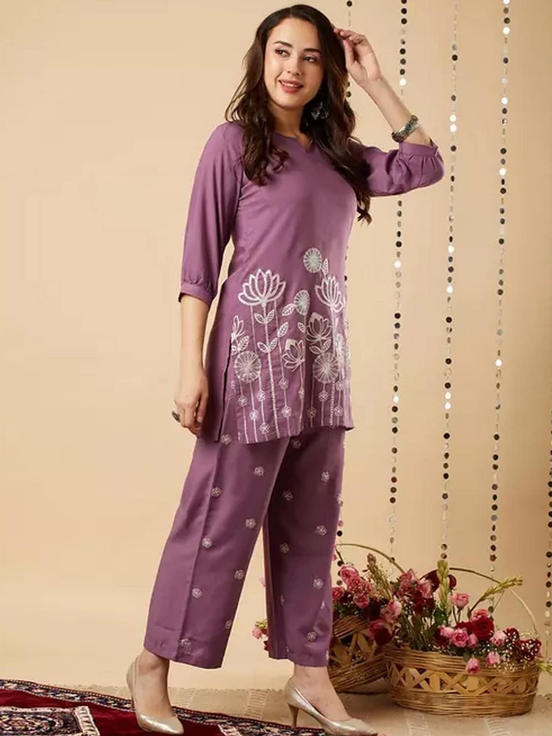 TRENDSWILL Notch Neck Floral Embroidered Regular Thread Work Kurti with Palazzos, Burgundy
TRENDSWILL Notch Neck Floral Embroidered Regular Thread Work Kurti with Palazzos, Burgundy