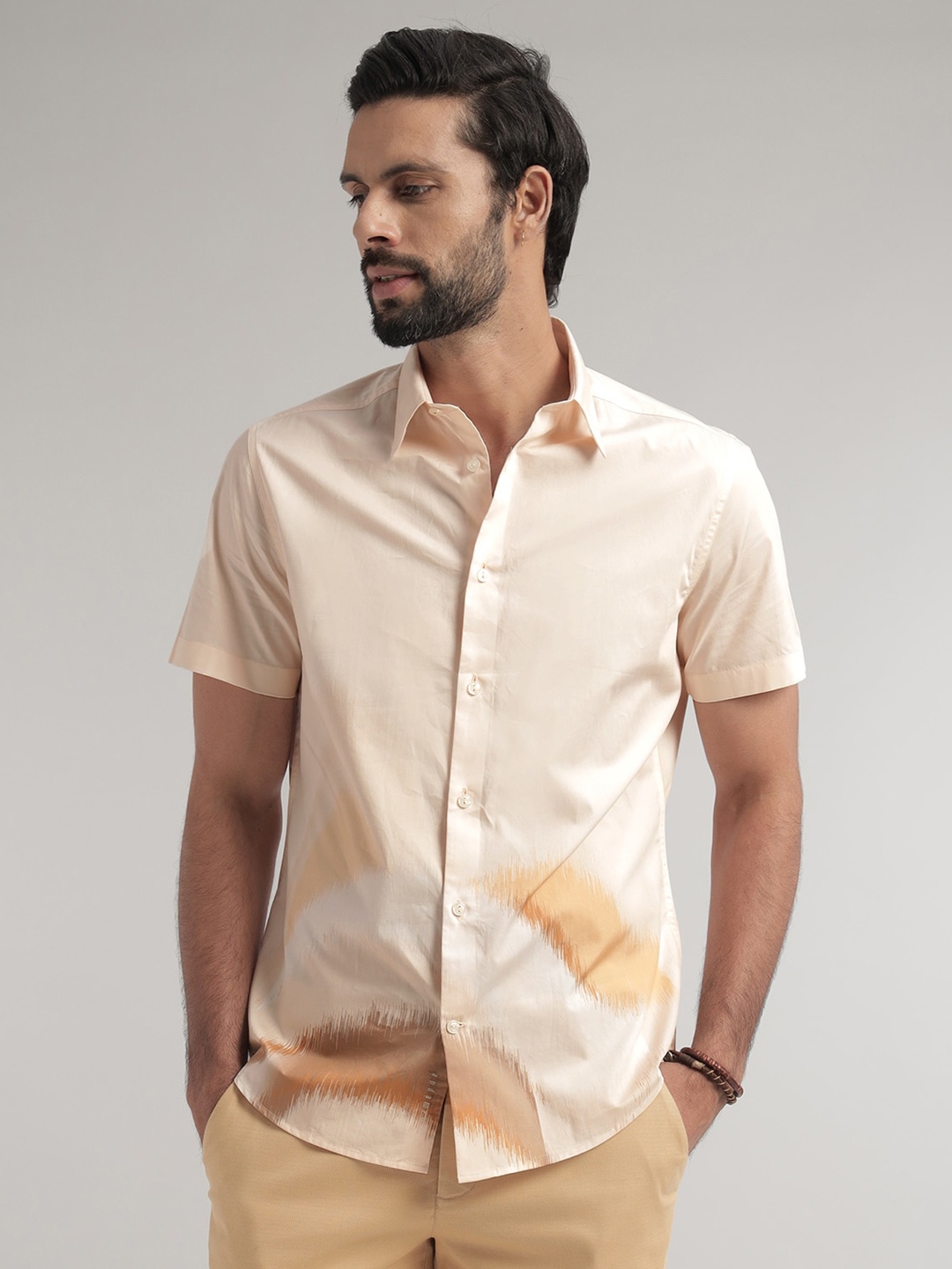 

Andamen Premium Abstract Printed Spread Collar Spread Collar Cotton Slim Fit Shirt, Orange