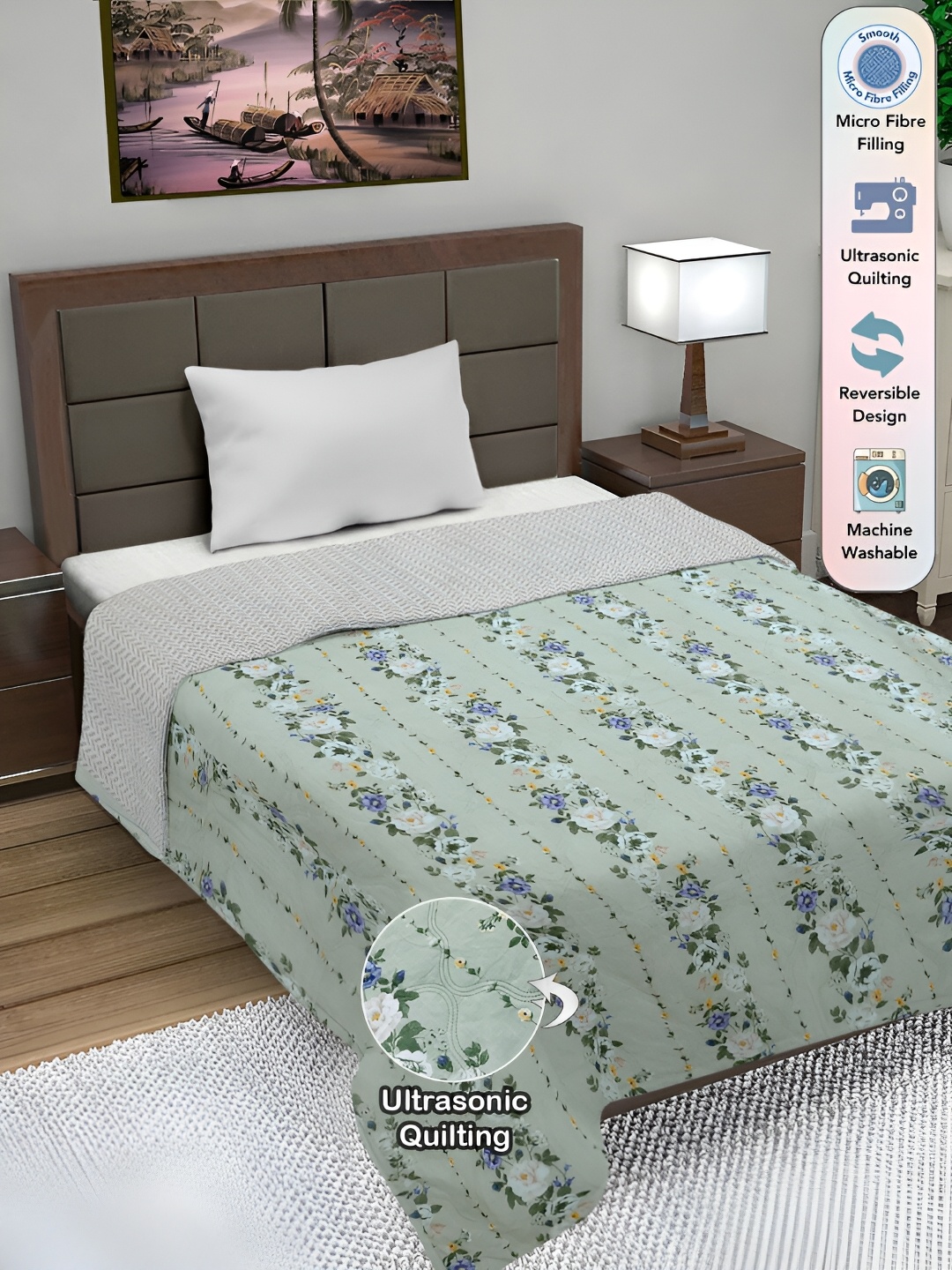 FABINALIV Green Floral Ultrasonic Quilted Reversible 350 GSM AC Room Single Bed Comforter
FABINALIV Green Floral Ultrasonic Quilted Reversible 350 GSM AC Room Single Bed Comforter
