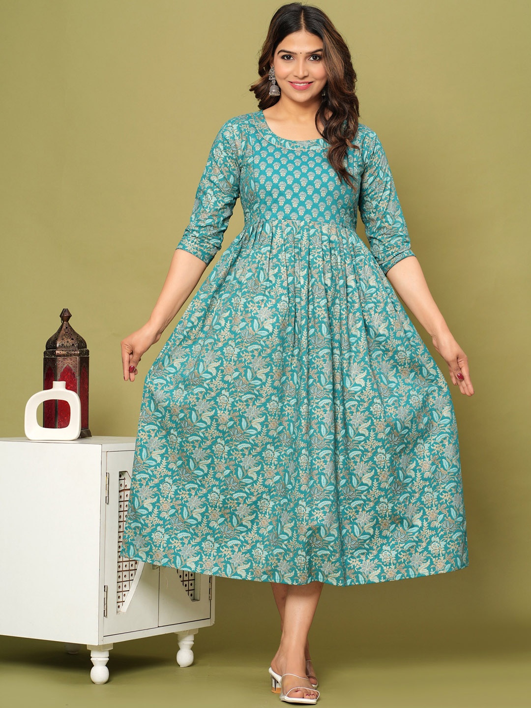 NITVAN Ethnic Motifs Printed Round Neck Three-Quarter Sleeves Anarkali Cotton Kurta, Blue
NITVAN Ethnic Motifs Printed Round Neck Three-Quarter Sleeves Anarkali Cotton Kurta, Blue