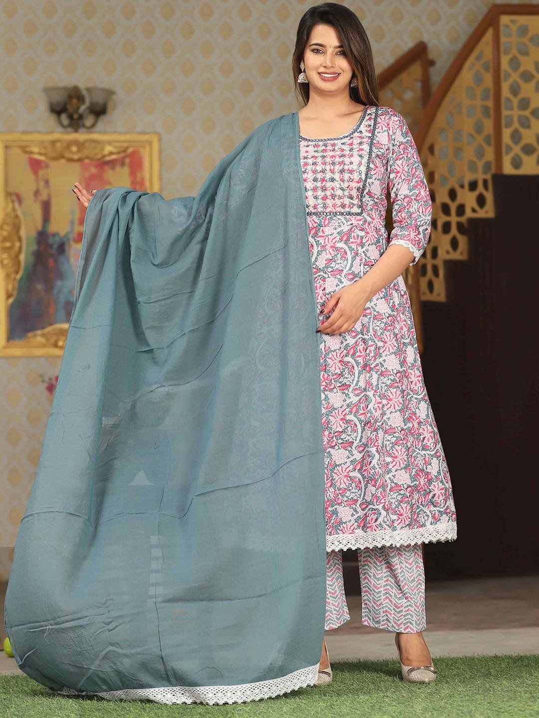 SINGNI Round Neck Ethnic Printed Mirror Work Cotton Anarkali Kurta with Trouser & Dupatta, Pink
SINGNI Round Neck Ethnic Printed Mirror Work Cotton Anarkali Kurta with Trouser & Dupatta, Pink