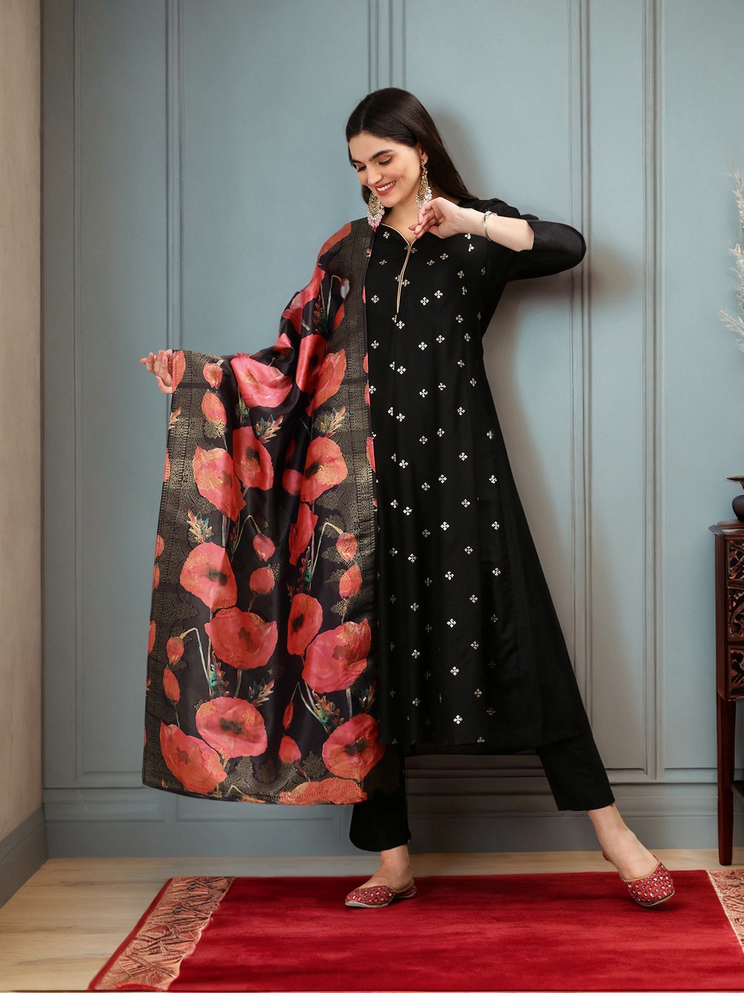 Ishin Geometric Embroidered Sequinned Silk Crepe A- Line Kurta with Trousers & Dupatta, Black
Ishin Geometric Embroidered Sequinned Silk Crepe A- Line Kurta with Trousers & Dupatta, Black