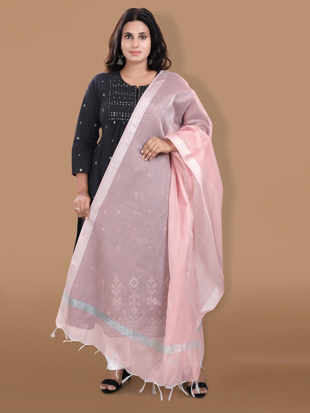 SALWAR STUDIO Checked Dupatta with Zari, Pink