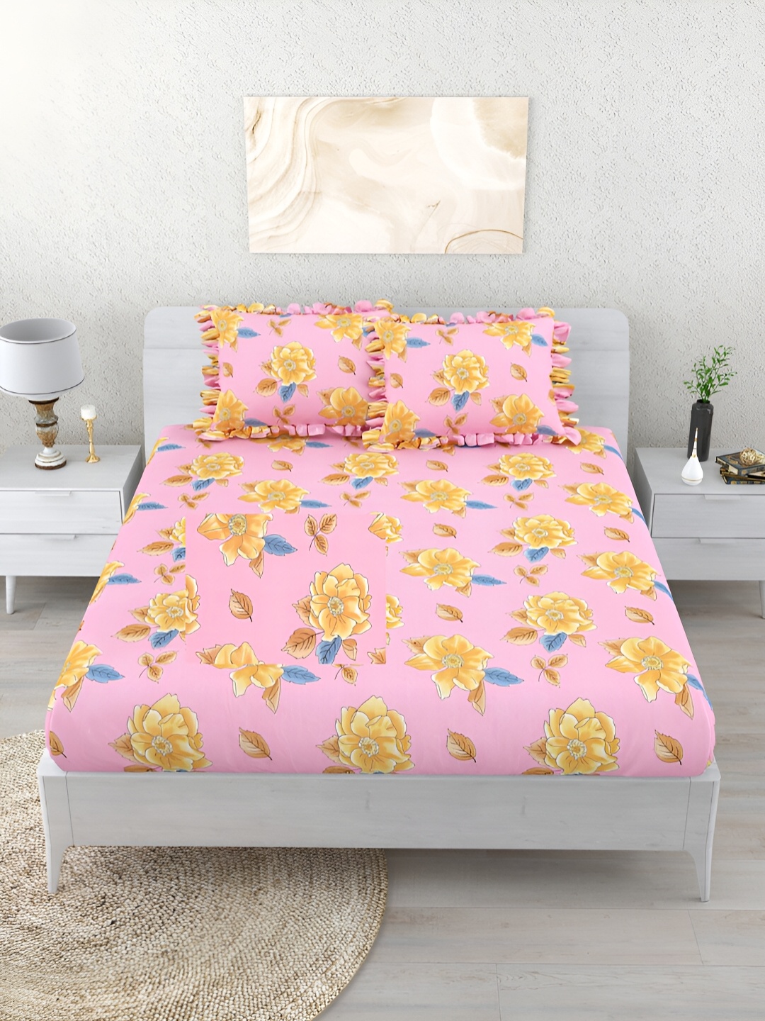 Aura Pink & Yellow Floral 260 TC Fitted Double King Bedsheet With 2 Pillow Covers
