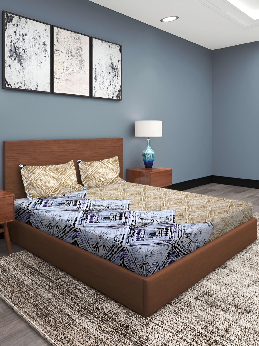 Aura Beige & Blue Ethnic Motifs Cotton 186 TC Queen Bedsheet with 2 Pillow Covers
Aura Beige & Blue Ethnic Motifs Cotton 186 TC Queen Bedsheet with 2 Pillow Covers
