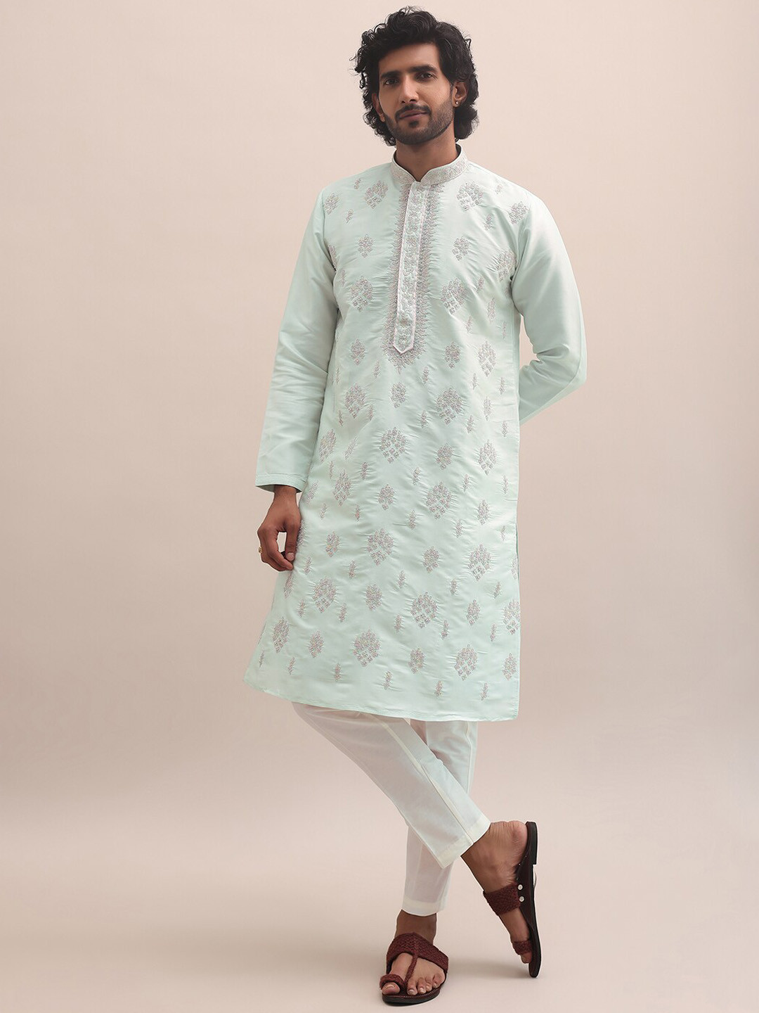 KALKI Fashion Floral Embroidered Mandarin Collar Straight Cotton Silk Kurta & Trousers, Blue
KALKI Fashion Floral Embroidered Mandarin Collar Straight Cotton Silk Kurta & Trousers, Blue