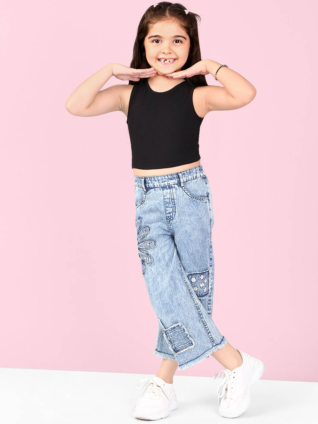 BAESD Girls Jean Flared Heavy Fade Embroidered Jeans, Blue