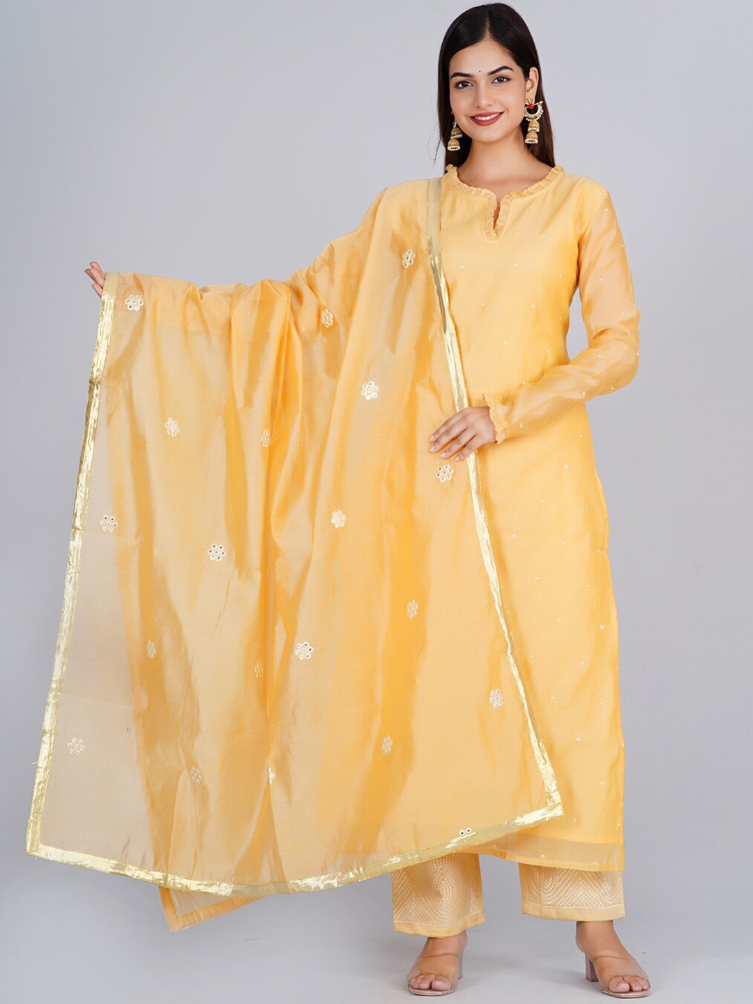 Neemiya Ethnic Motifs Regular Thread Work Chanderi Silk Kurta with Trouser & Dupatta, Yellow
Neemiya Ethnic Motifs Regular Thread Work Chanderi Silk Kurta with Trouser & Dupatta, Yellow