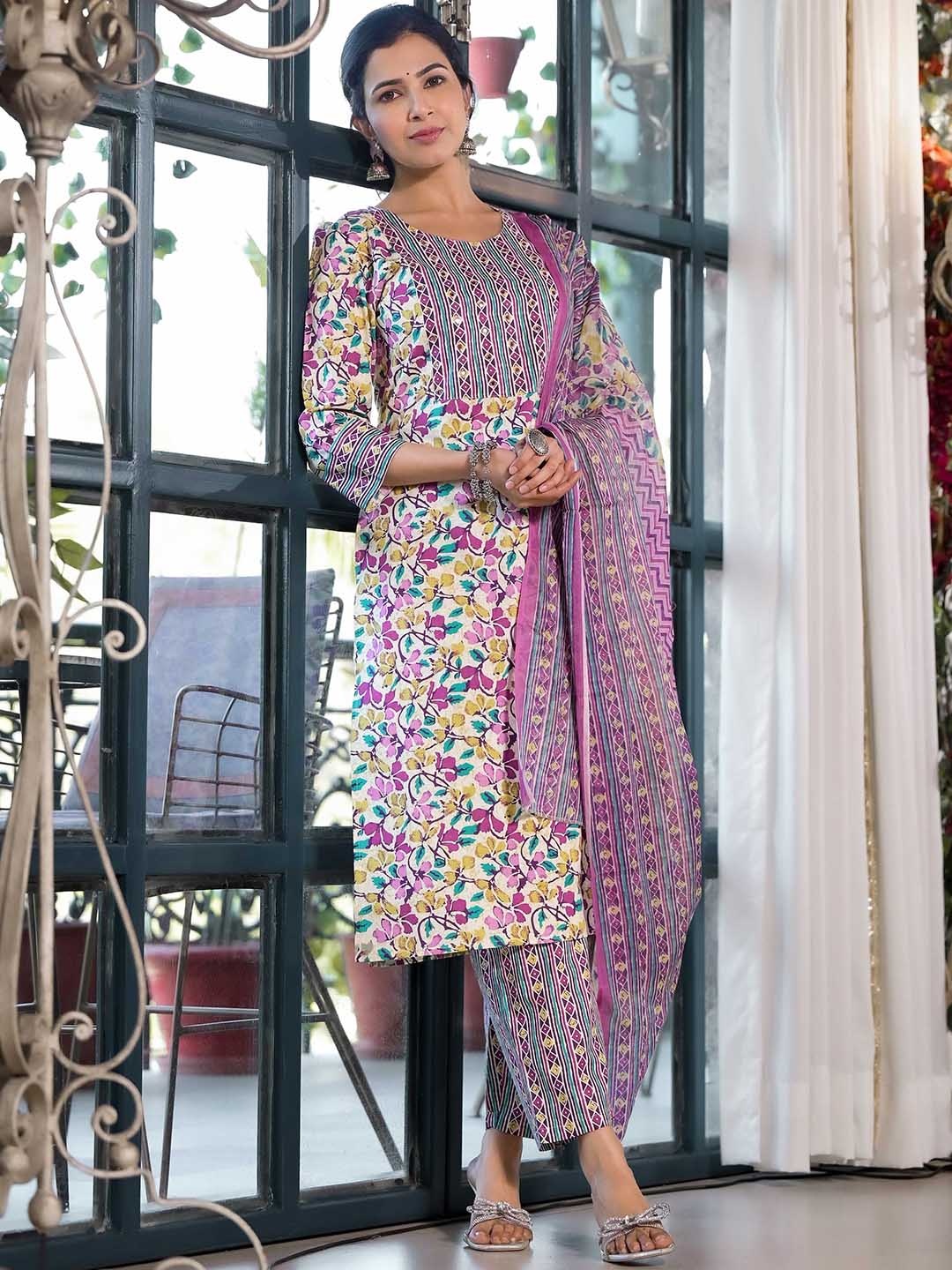 KALINI Floral Printed Regular Mirror Work Pure Cotton Kurta With Trousers & Dupatta, Cream
KALINI Floral Printed Regular Mirror Work Pure Cotton Kurta With Trousers & Dupatta, Cream