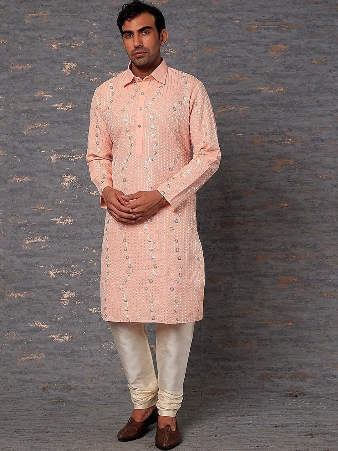 RNG Safawala Shirt Collar Striped Embroidered Sequinned Straugh Kurta with Pyjamas, Pink
RNG Safawala Shirt Collar Striped Embroidered Sequinned Straugh Kurta with Pyjamas, Pink