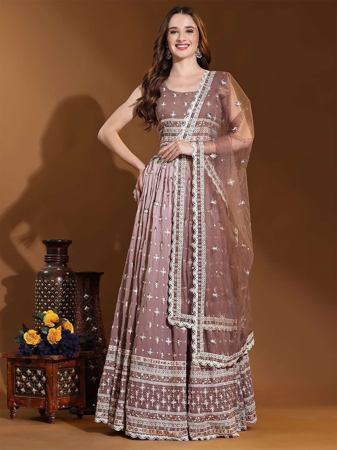 AMOHA TRENDZ Embroidered Thread Work Ready to Wear Lehenga & Blouse With Dupatta, Brown
AMOHA TRENDZ Embroidered Thread Work Ready to Wear Lehenga & Blouse With Dupatta, Brown