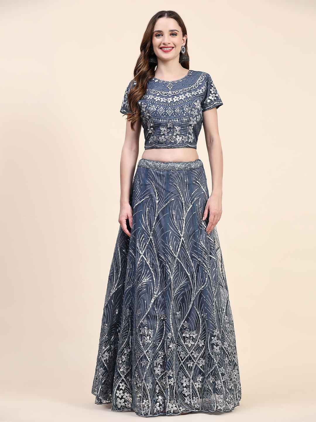 AMOHA TRENDZ Embroidered Sequinned Ready to Wear Lehenga & Blouse With Dupatta, Grey
AMOHA TRENDZ Embroidered Sequinned Ready to Wear Lehenga & Blouse With Dupatta, Grey