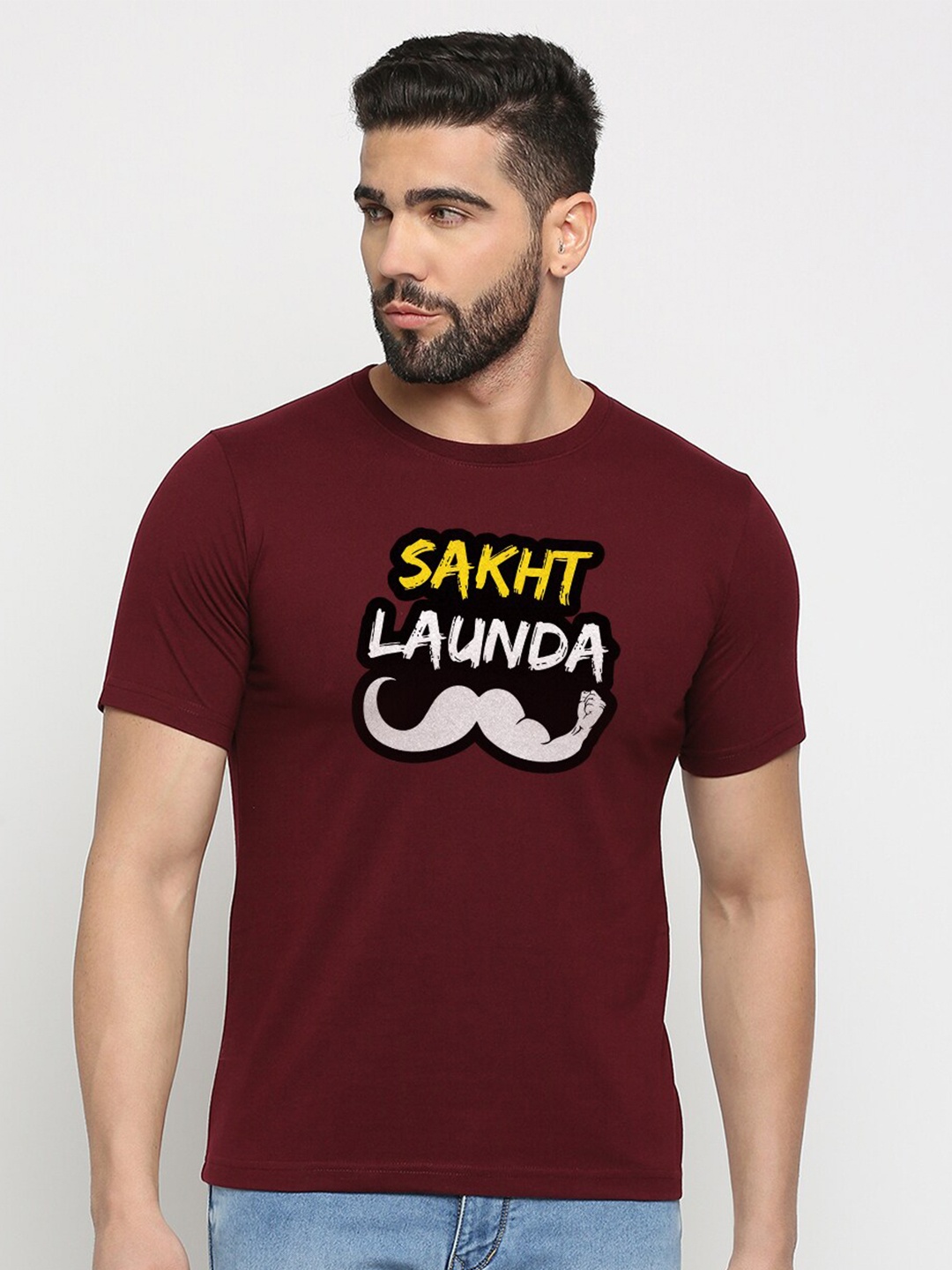 MOD ECRU Typography Printed Round Neck Cotton Casual T-shirt, Maroon