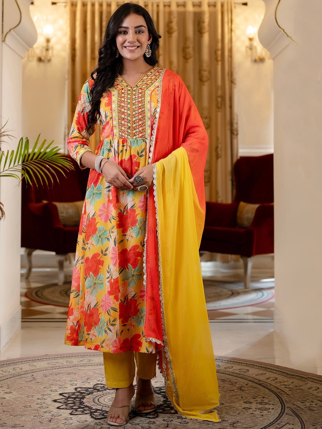Kohsh Floral Printed Pleated Mirror Work Anarkali Kurta With Trouser & Dupatta, Yellow
Kohsh Floral Printed Pleated Mirror Work Anarkali Kurta With Trouser & Dupatta, Yellow