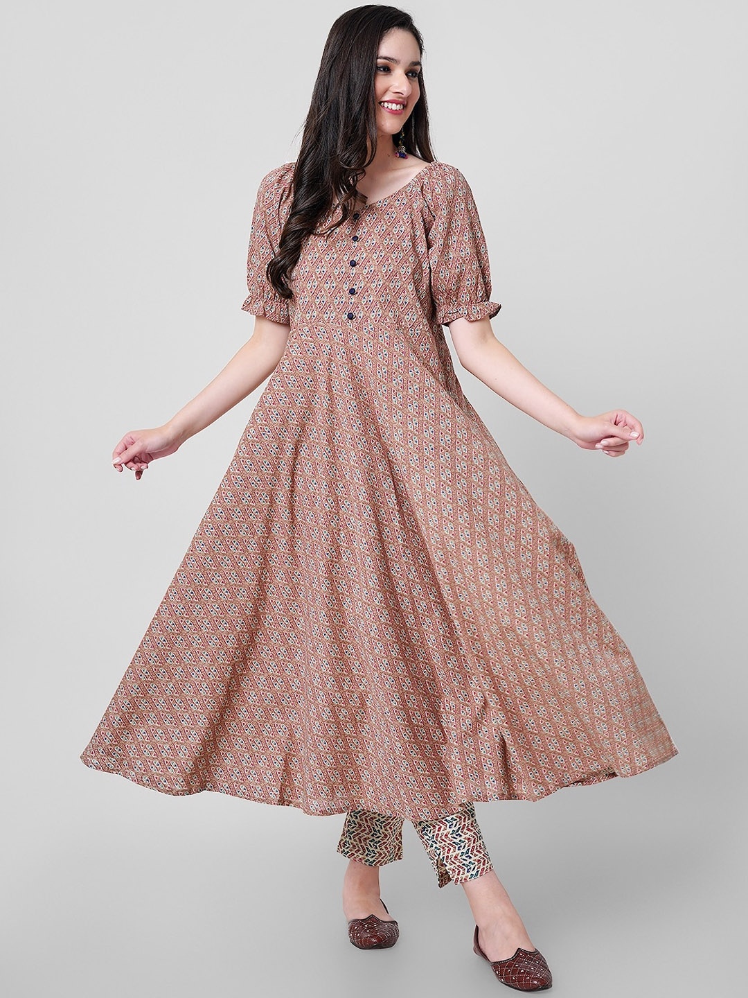 JANAKDULARI CREATION Floral Printed Anarkali Pure Cotton Kurta with Trousers & Dupatta, Brown
JANAKDULARI CREATION Floral Printed Anarkali Pure Cotton Kurta with Trousers & Dupatta, Brown