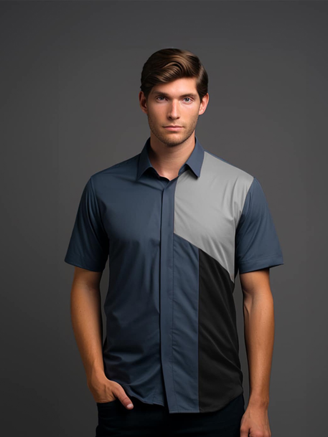 HE SPOKE Smart Tailored Fit Colourblocked Spread Collar Short Sleeves Semiformal Shirt, Grey
HE SPOKE Smart Tailored Fit Colourblocked Spread Collar Short Sleeves Semiformal Shirt, Grey