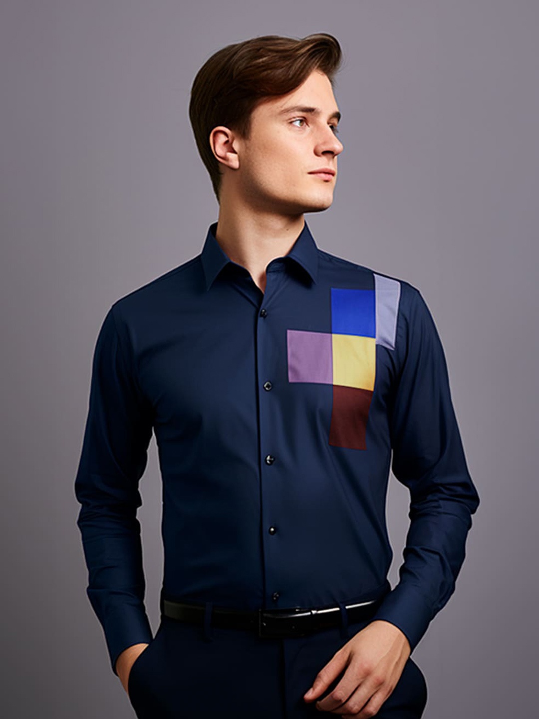 HE SPOKE Smart Colourblocked Spread Collar Curved Cotton Tailored Fit Formal Shirt, Navy blue
HE SPOKE Smart Colourblocked Spread Collar Curved Cotton Tailored Fit Formal Shirt, Navy blue