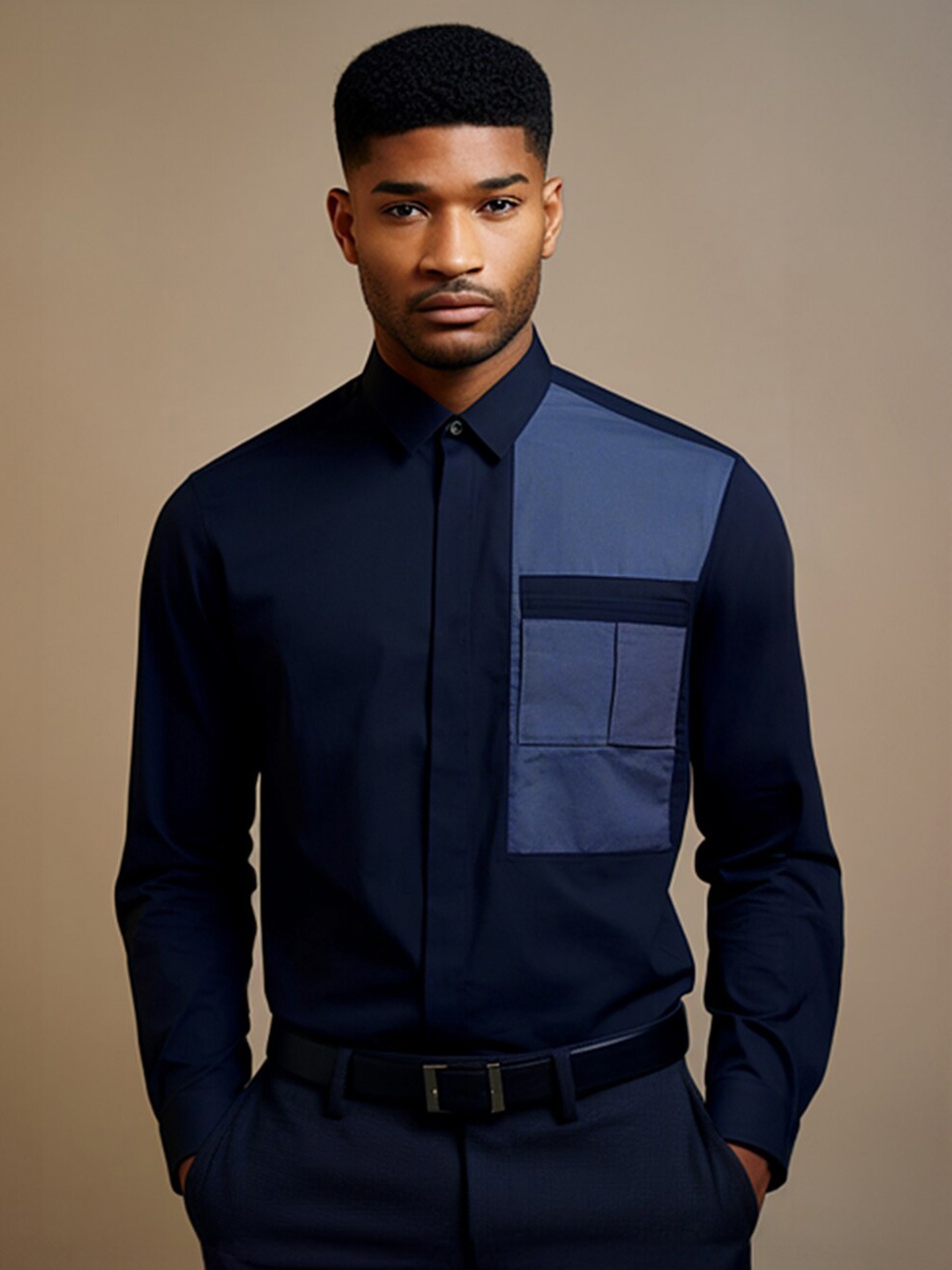 HE SPOKE Smart Colourblocked Spread Collar Curved Cotton Tailored Fit Formal Shirt, Navy blue
HE SPOKE Smart Colourblocked Spread Collar Curved Cotton Tailored Fit Formal Shirt, Navy blue